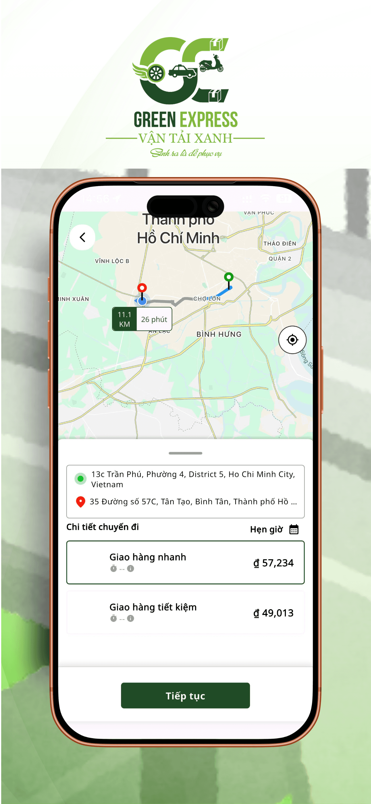 Giao diện ứng dụng Vận Chuyển Xanh